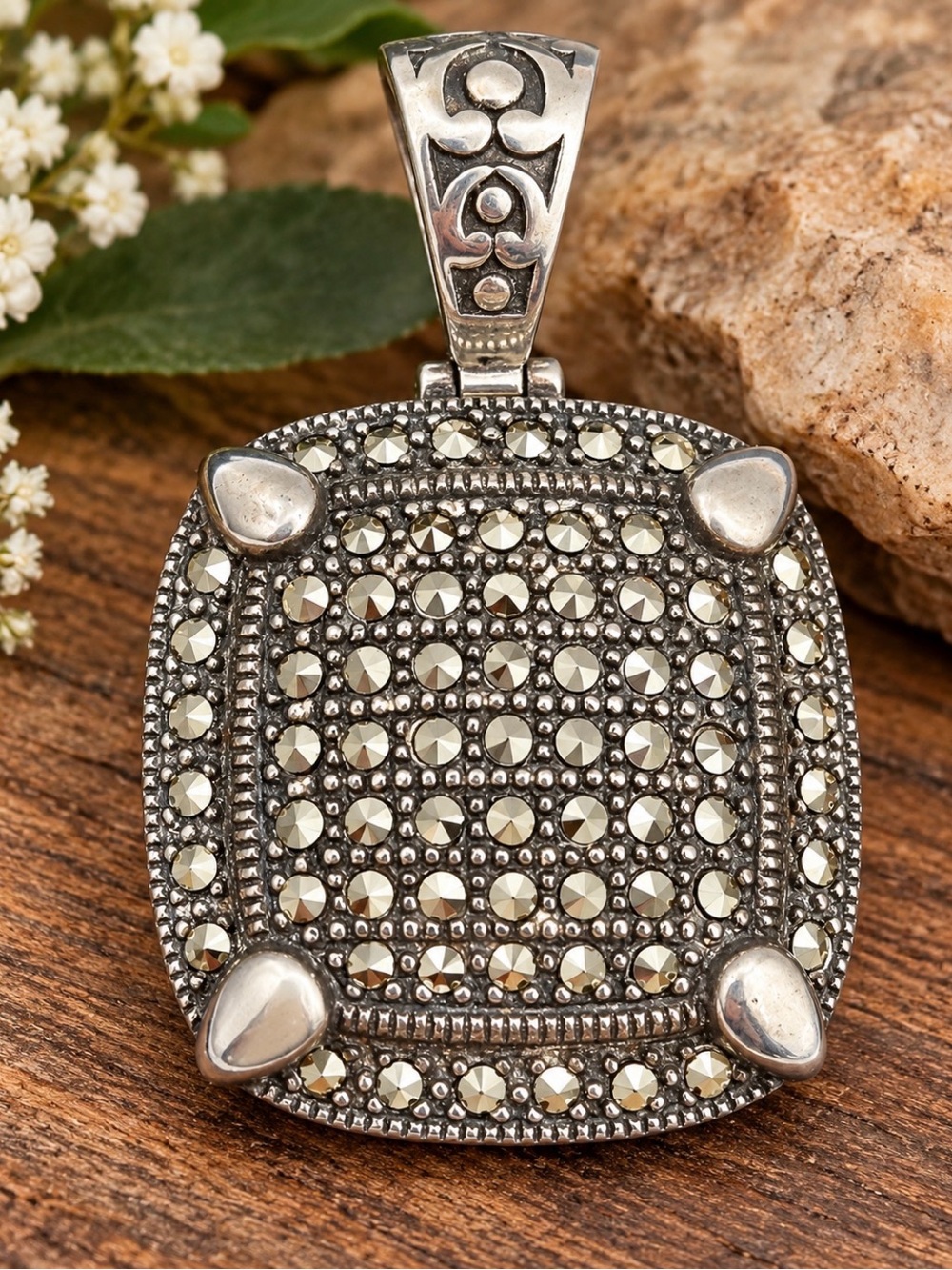 Sterling Silver MARC Marcasite Cushion Pendant - Silver